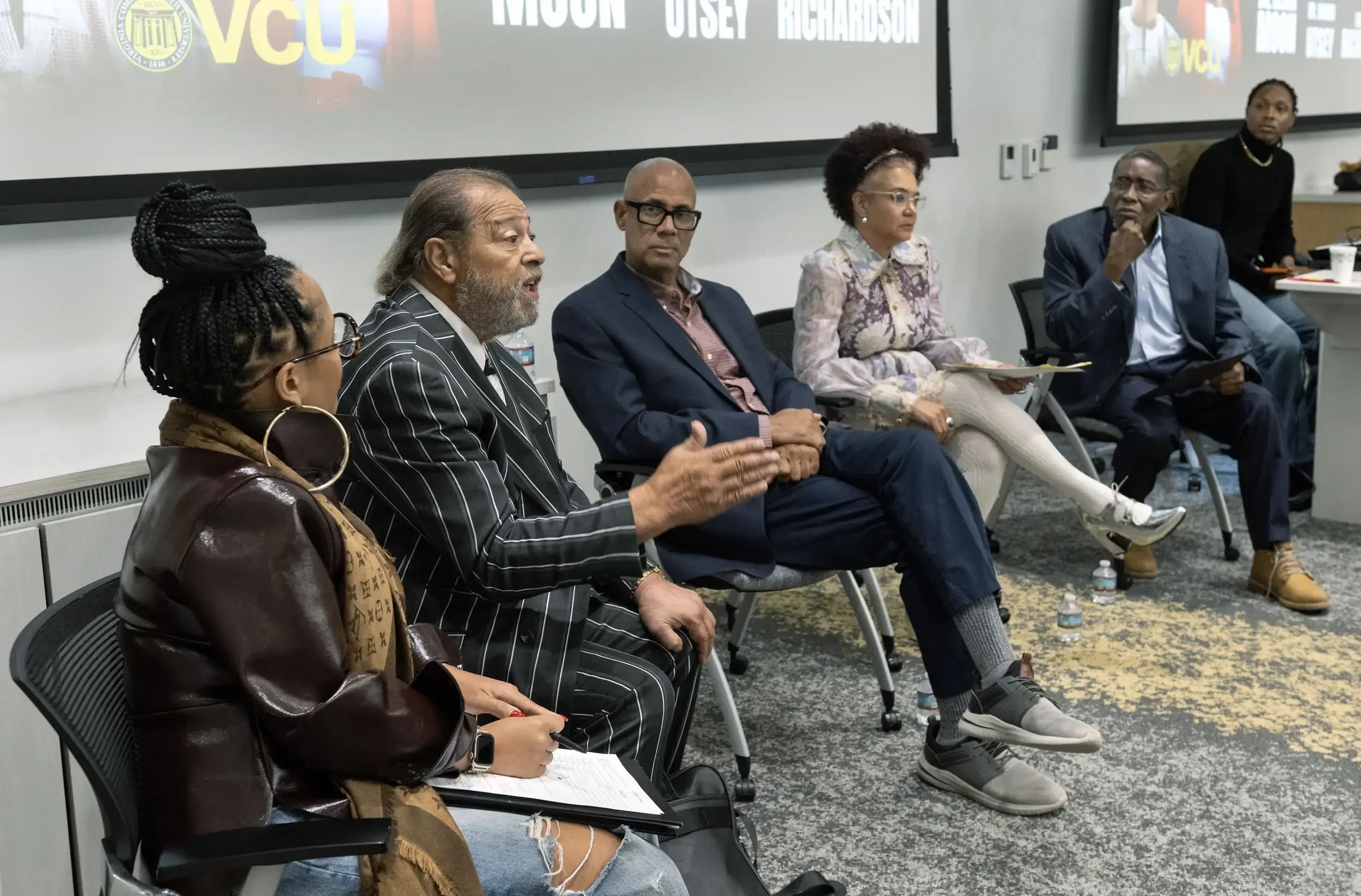 From left: Sesha Joi Moon, Chuck Richardson, Shawn Utsey, Stephanie Rizzi and Christopher Brooks during the recent “Restoration and DEI: Where are We Now?” panel discussion at VCU.