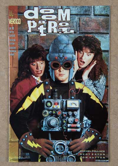 the cover of doom patrol comic book from 1993 depicting a man in a robotic suit in front of two women who appear surprised as they gaze at something behind him