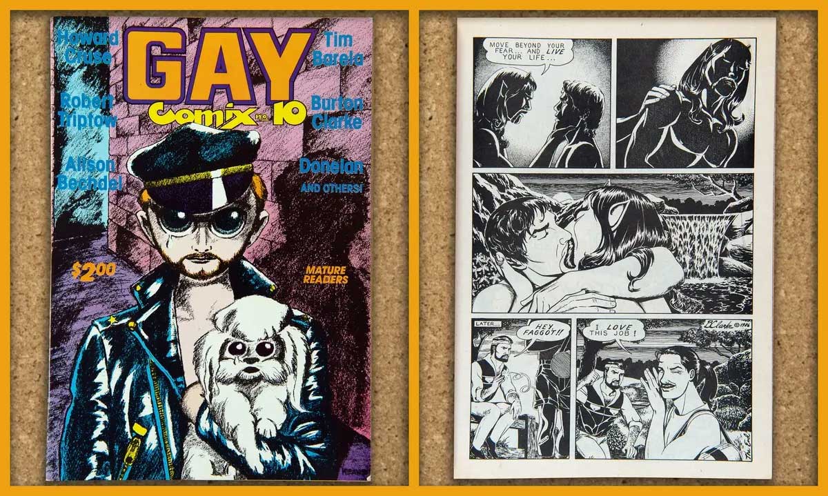 a comic book page titled gay comix with a man holding a small dog and a second comic book page depicting a gay love scene between two men