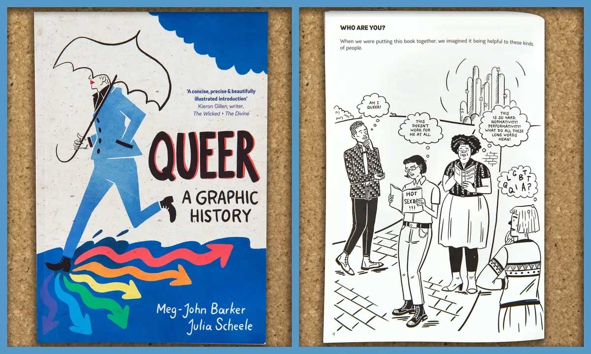 the cover of the graphic novel queer a graphic history and a sample page from within asking the question who are you