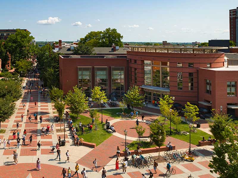 aerial view of shafer court dining center and the compass plaza on the v.c.u. campus