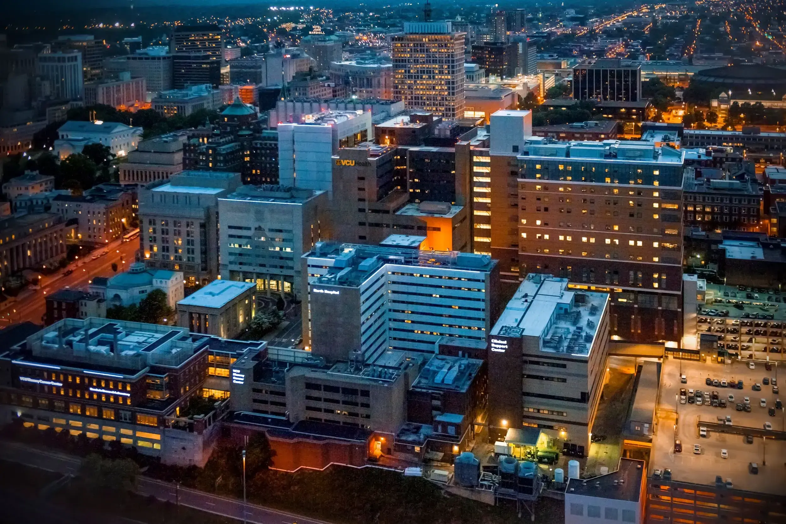 VCU buildings at night